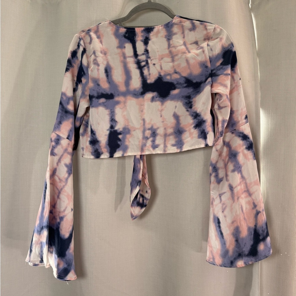 Nasty Gal Flare to Join Us Purple Pink Tie Dye Long Sleeve Cropped Blouse US 0 - Picture 5 of 10